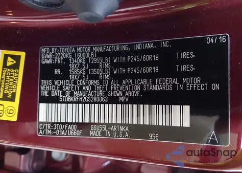 2016 Toyota Highlander Le Plus V6 из США, поврежденный, VIN 5TDBKRFH2GS280063